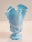 Vintage Fenton Blue w/White Swirl Slag Handkerchief Swung Vase 5.5"