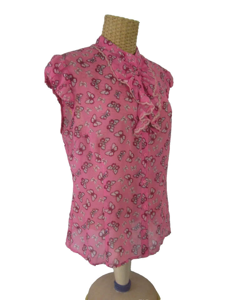 Camisa De Colección Boutique OGGI Miami Beach Para Mujer S Rosa Estampado Mariposa Manga Gorra Seda Foto 3 de 4