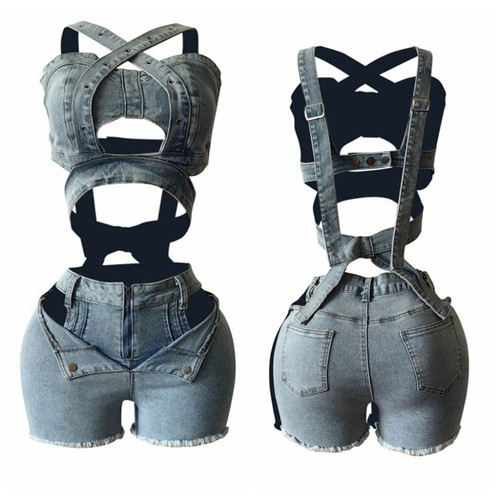 Jumpsuits Denim Crop Top Shorts Retro Sleeveless Bodysuit Vacation - Picture 3 of 12