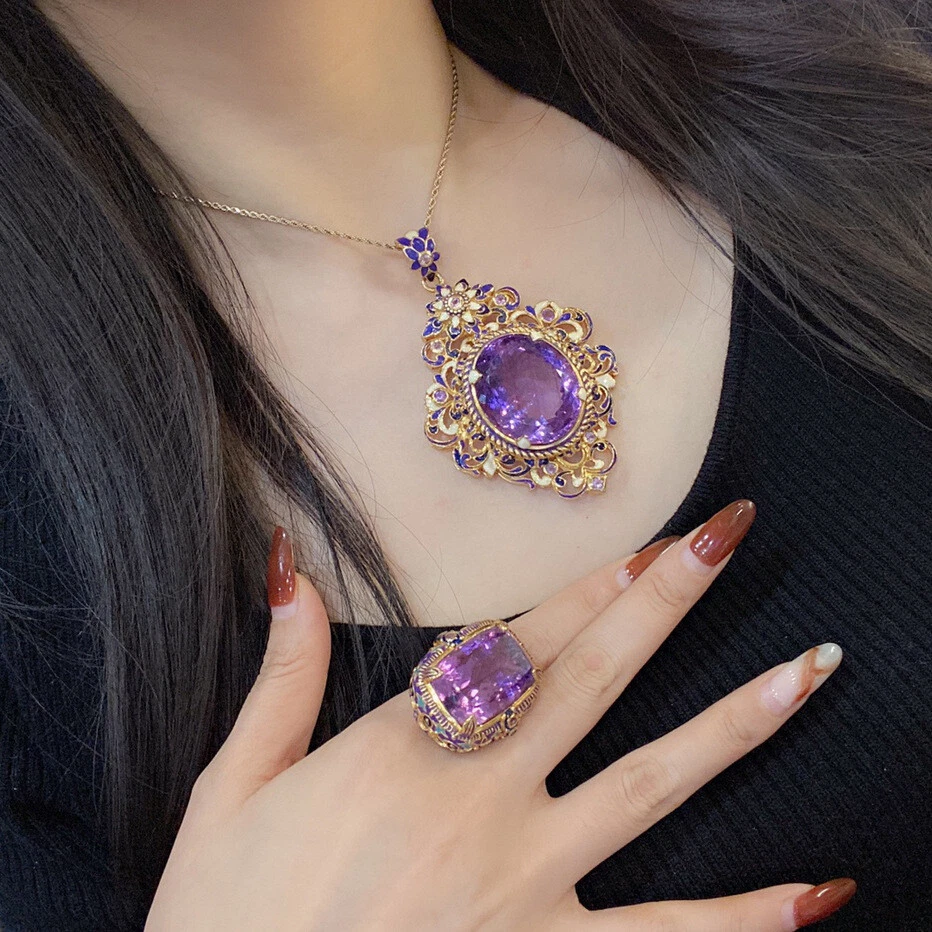 Elegant Teen Girls Jewelry Natural Stone Necklace Earring Set Amethyst Gold  Tone