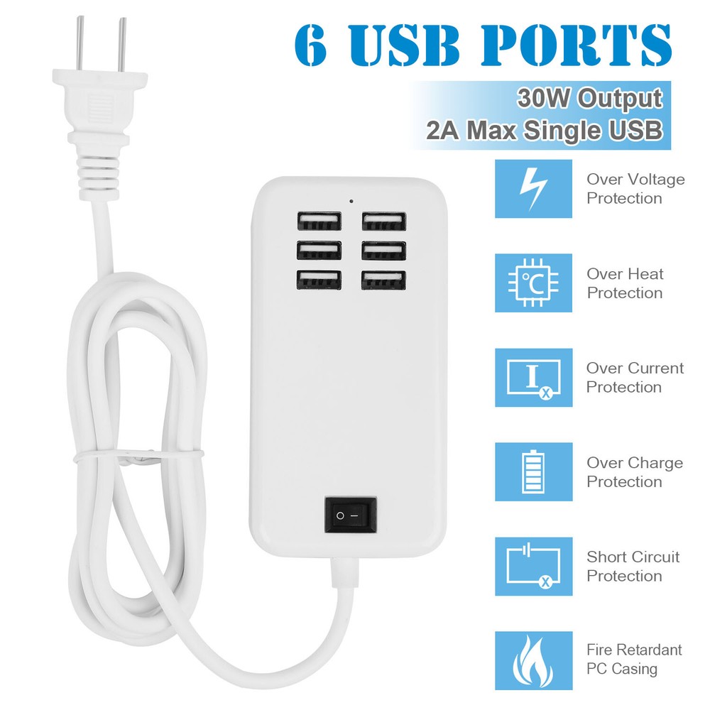 6-Port USB Fast Charging Hub with AC Adapter for Desktop or Wall