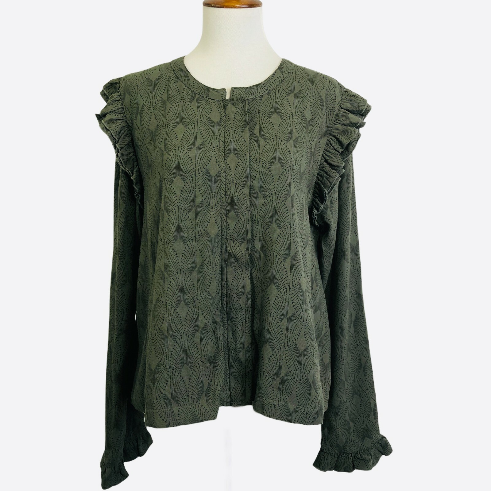 Hinge Ruffled Jacket Medium Olive Green Black Geo… - image 1