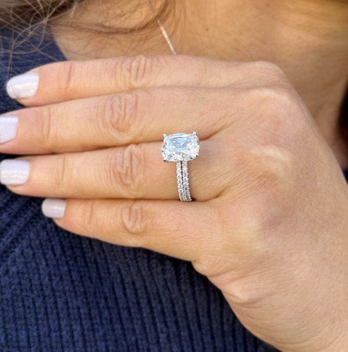 Cushion Cut Simulated Diamond Engagement Ring And Band 14K White Gold 5.40CTW - Picture 5 of 12