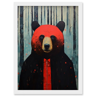 Hipster Red Bear Artwork Black Blue Artwork Forest Trees Framed Art Print A4