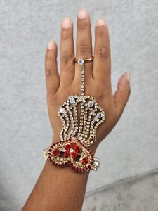 Authentic Indian Ethnic Gold Plated Bridal Silver Hath Phool Hand Bracelet Ring Set