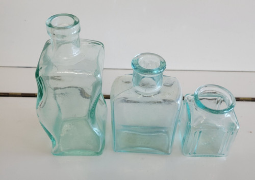 3 SEAFOAM GREEN DECORATIVE BOTTLES CURVED RECTANGLE SQUARE 2.75 4.75 AND 6 INCH