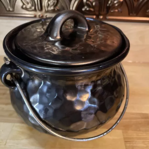 Vintage McCoy Bean Pot Stoneware Oven Proof Hammered Metallic Luster Lid Handle