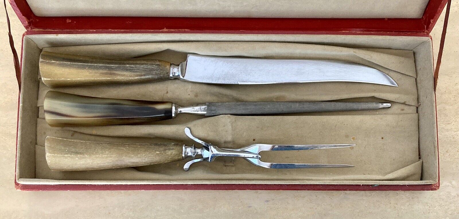 LAMSON Carving Set 3-Piece Stag Antler Handles with Box Antique 1930s
