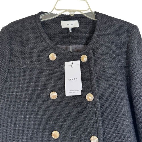 REISS Esmie Cropped Double Breasted Jacket Black Size 10 New Wool Blend - Picture 4 of 13