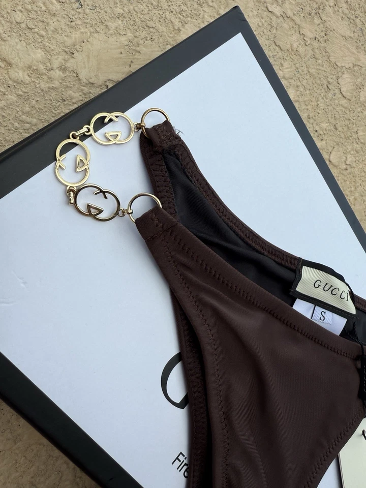 Parte inferior de bikini Gucci marrón - cadena GG dorada, talla S, nueva con etiquetas Foto 2 de 4