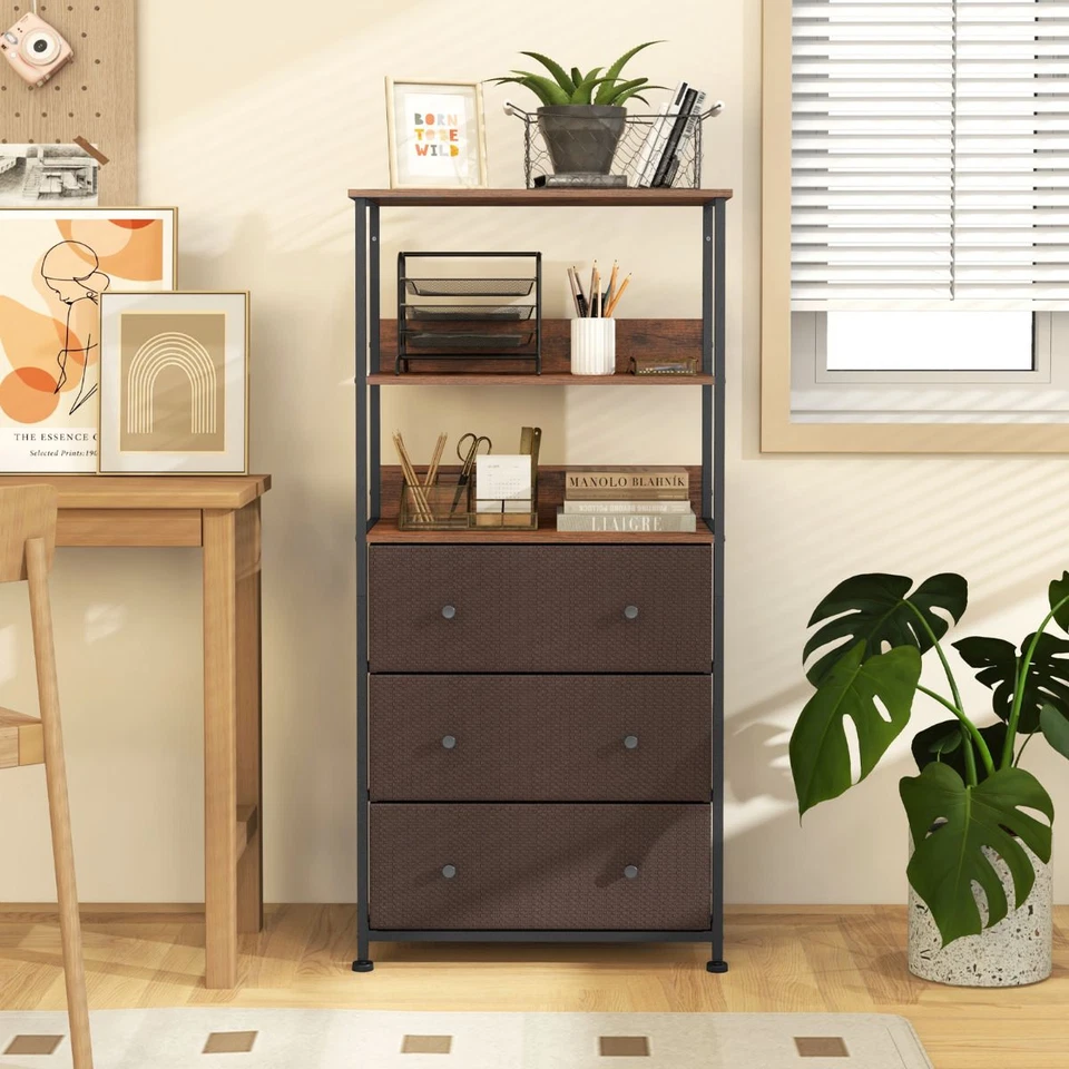 Cassettiera Con 3 Cassetti Rimovibili E Ripiani Aperti, Armadio Verticale Con St - Immagine 3 di 4