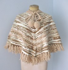 Vtg 60s 70s hand knit variegated poncho sweater cape pom pom tie fringe OS