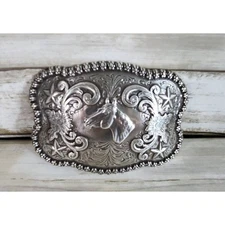 Nocona Western Belt Buckle Horsehead Antiqued Silver Western Berry Edge