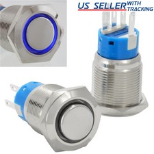 19mm Latching Push Button Power Switch Stainless Steel w/ Blue LED Waterproof