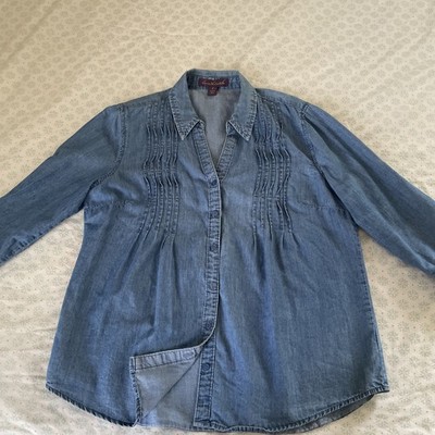 Gloria Vanderbilt Women's Denim Button Down Shirt Top 3/4 Sleeve Medium, EUC