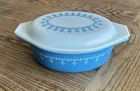 PYREX Snowflake Garland Blue White Oval Glass Casserole 1.5qt Vintage 1960s