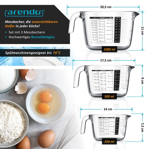 Arendo Messbecher Glas-Set 250ml+500ml+1L Borosilikat Messskala Schwarz - Bild 2 von 6