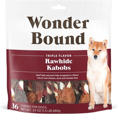 Amazon Brand - Wonder Bound Triple Flavor Rawhide Kabobs for Dogs, Variety, 1.5