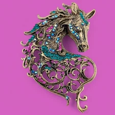 FANTASY HORSE BROOCH bronze scrolling filigree pin unicorn pegasus kelpie Q2