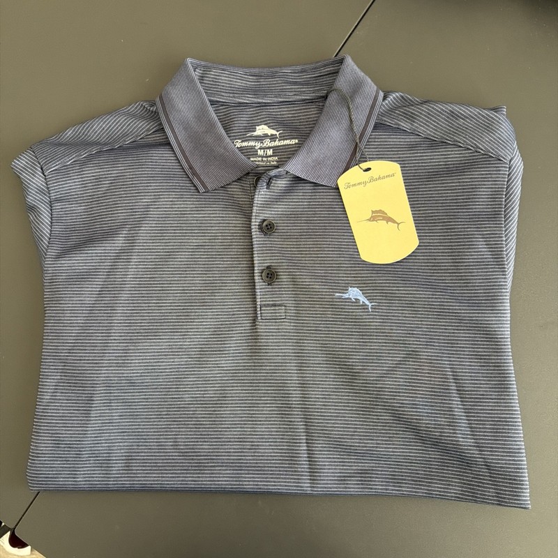 NEW Tommy Bahama Polo Shirt Men Medium Dark Blue/White Striped Cotton Blend