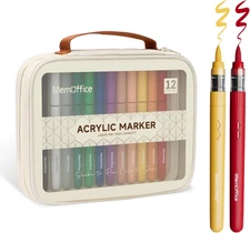 Direct Liquid Acrylic Paint Markers, 12 Colors Brush Tip Pens with Carrying Case