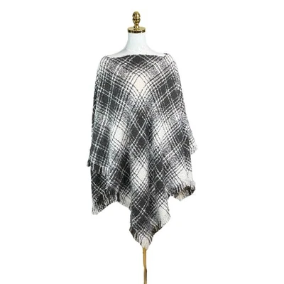 NWT Chaps One Size Black White Plaid Fringe Poncho Cape RT $68 - Image 1 of 4