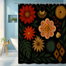 Boho Floral Shower Curtain with Vibrant Flowers on Black Background