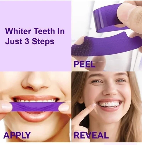Purple whitening strips: 1 box, 3 steps, white teeth in 3 steps, blue/pink gradient.