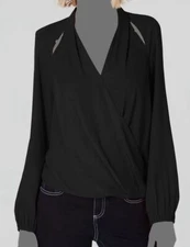 I.N.C Women's Black Long-Sleeve Cutout V-Neck Blouse Top Size L
