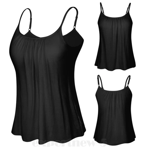 Women Flowy Pleated Camisole with Built-in Bra Loose Casual Sleeveless Tank Tops - Picture 21 of 48