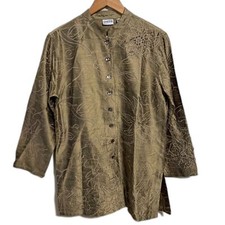 Chico's green gold silk embroidered beaded mandarin collar jacket size 1