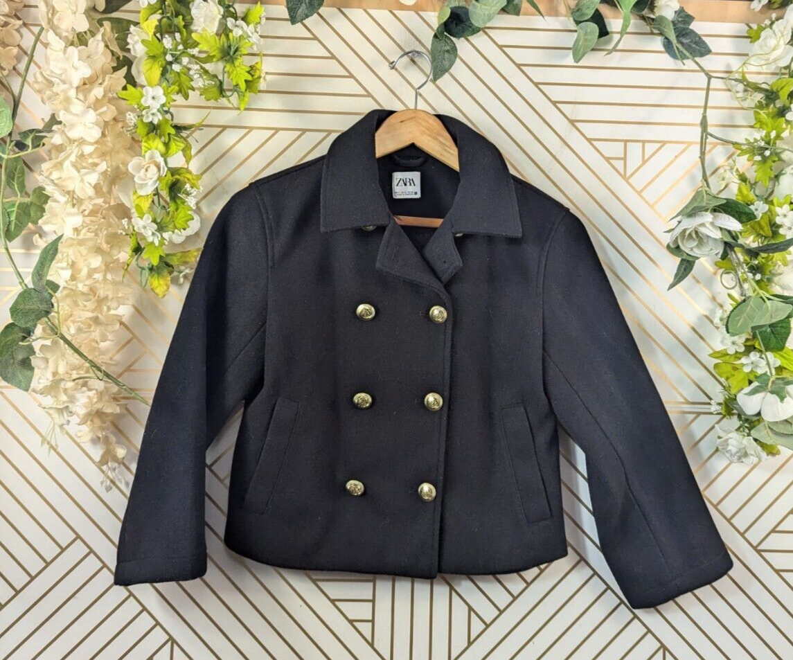 ZARA Women's Black Short Double Breasted Jacket Coat G Buttons Size Small