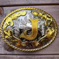 INITIAL " J "  RODEO COWBOY LETTER SHINE GOLD SILVER WESTERN BELT BUCKLE