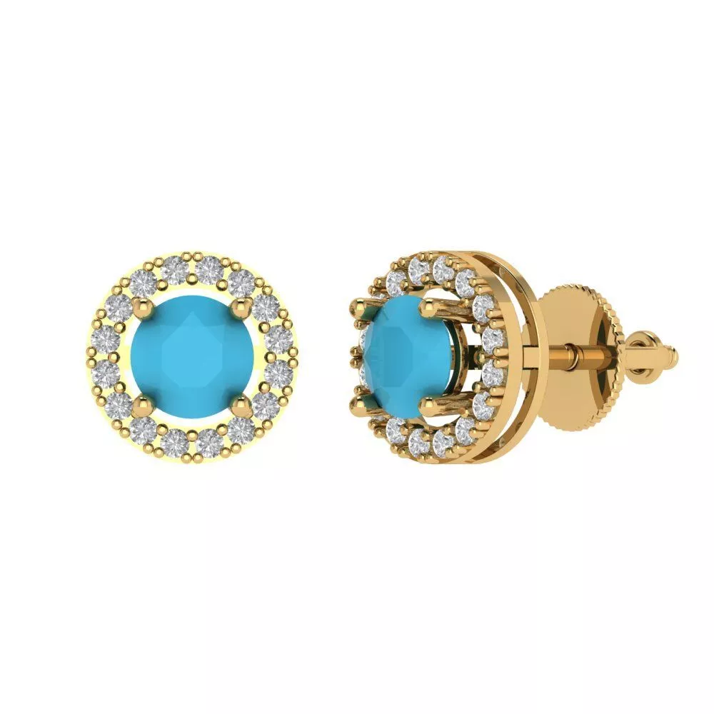1.6 Round Halo Designer Stud Simulated Turquoise Earrings Solid