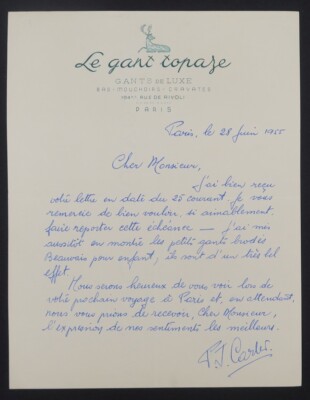 Invoice 1955 LE GANT TOPAZE low handkerchief tie PARIS illustrated 104