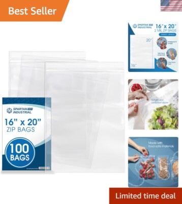 100 Count Jumbo 16  X 20  Clear Reclosable Zip Bags - Waterproof & Food Safe