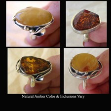 BALTIC BUTTERSCOTCH or HONEY AMBER STERLING SILVER LILY or MODERN HANDMADE RING