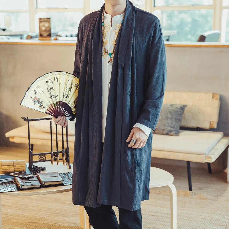 Men's Cotton Linen Kimono Loose Coat Yukata Japanese Jacket Long Bathrobe Top - Image 2 of 4