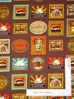 Coffee Label Kitchen Brown Cotton Fabric Kanvas Studio Jumping Java By The Yard