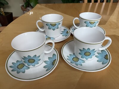 Set of 4 Noritake Progression Up-Sa Daisy Tea Cups & Saucers 9001 Coffee Mugs