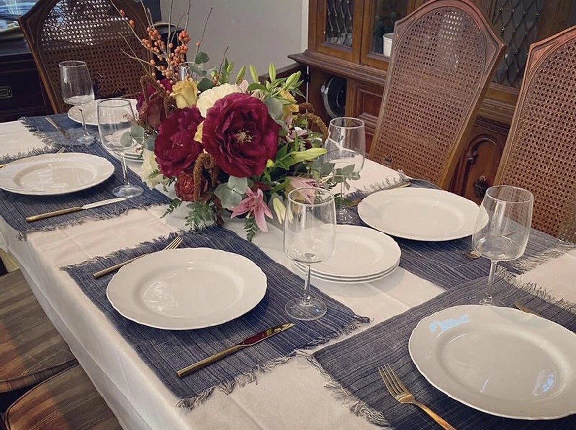 Set Of 4 Threshold Dining Rectangular Blue Striped Cotton Place