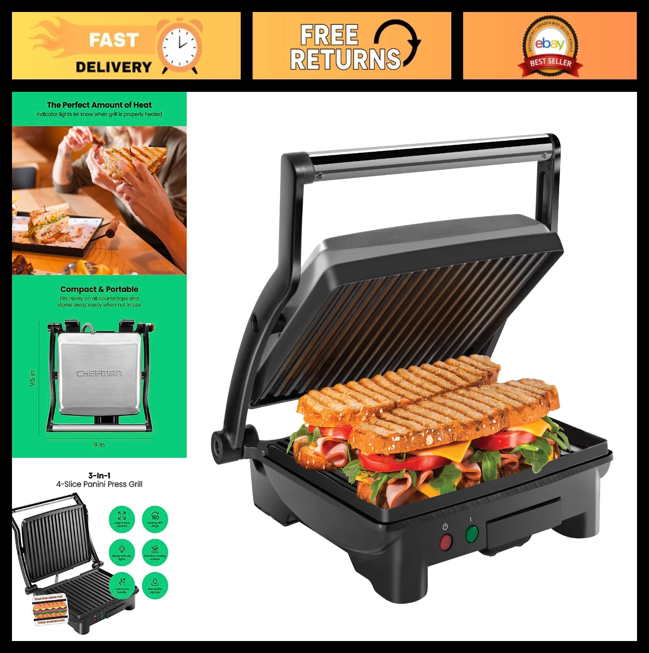 Non-Stick Panini Press Grill & Sandwich Maker, 180° Opens, 4 Slice, Stainless St