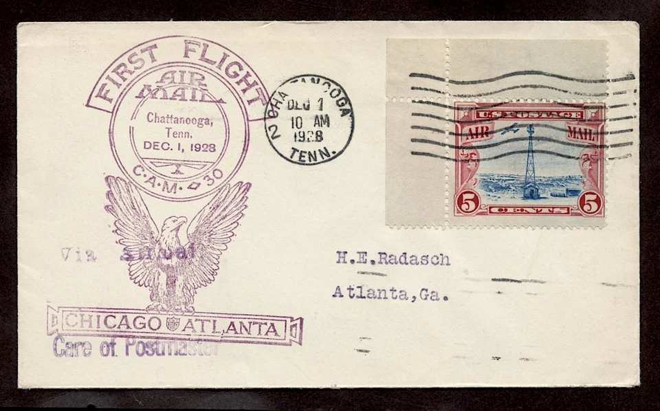 FFC CHATTANOOGA-ATLANTA cds Chattanooga Tenn 1928 FKD SC C11 TOP & SIDE MARGINS - Image 2 of 4