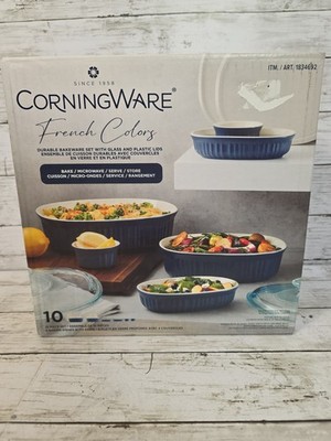CorningWare French White 10-Piece Bakeware Set 6 Baling Dishes 4 Lids New 