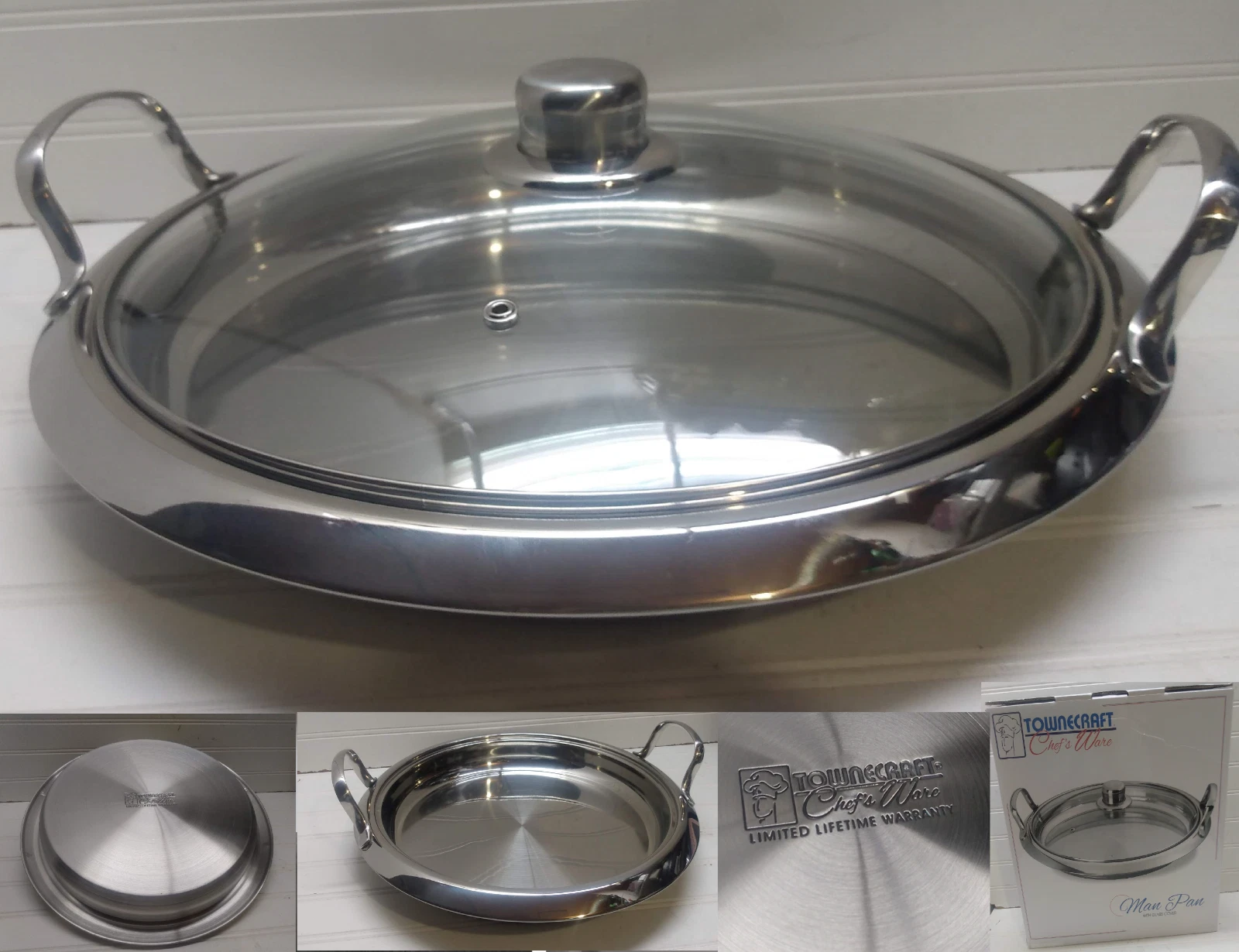 Townecraft Chef's Ware Skillet 12" Stainless Frying Pan Serving Dish & Glass Lid
