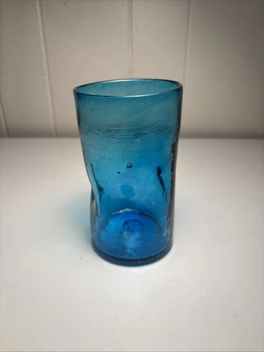 Blenko Glass MCM Blue/Turquoise Dimpled Glass Tumbler