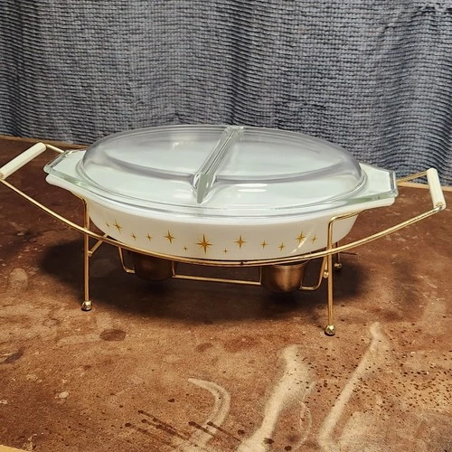 Vtg Pyrex Constellation Atomic Starburst Divided Dish Lid & Candle Warming Stand