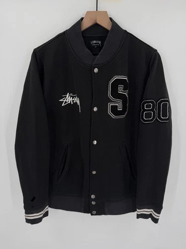 Vintage Stussy Knit Bomber Jacket Men’s Large Black Letterman Varsity Thrashed - product listing photo