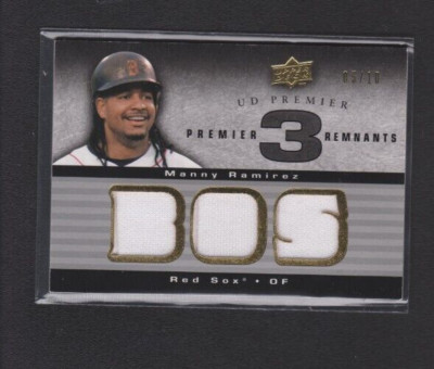 2008 UPPER DECK PREMIER REMNANTS GOLD TRIPLE JERSEY MANNY RAMIREZ RED SOX SP#/10
