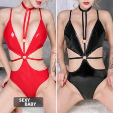 Women One-Piece Lingerie Bodysuit Wetlook Leather Bodycon Catsuit Halter Leotard